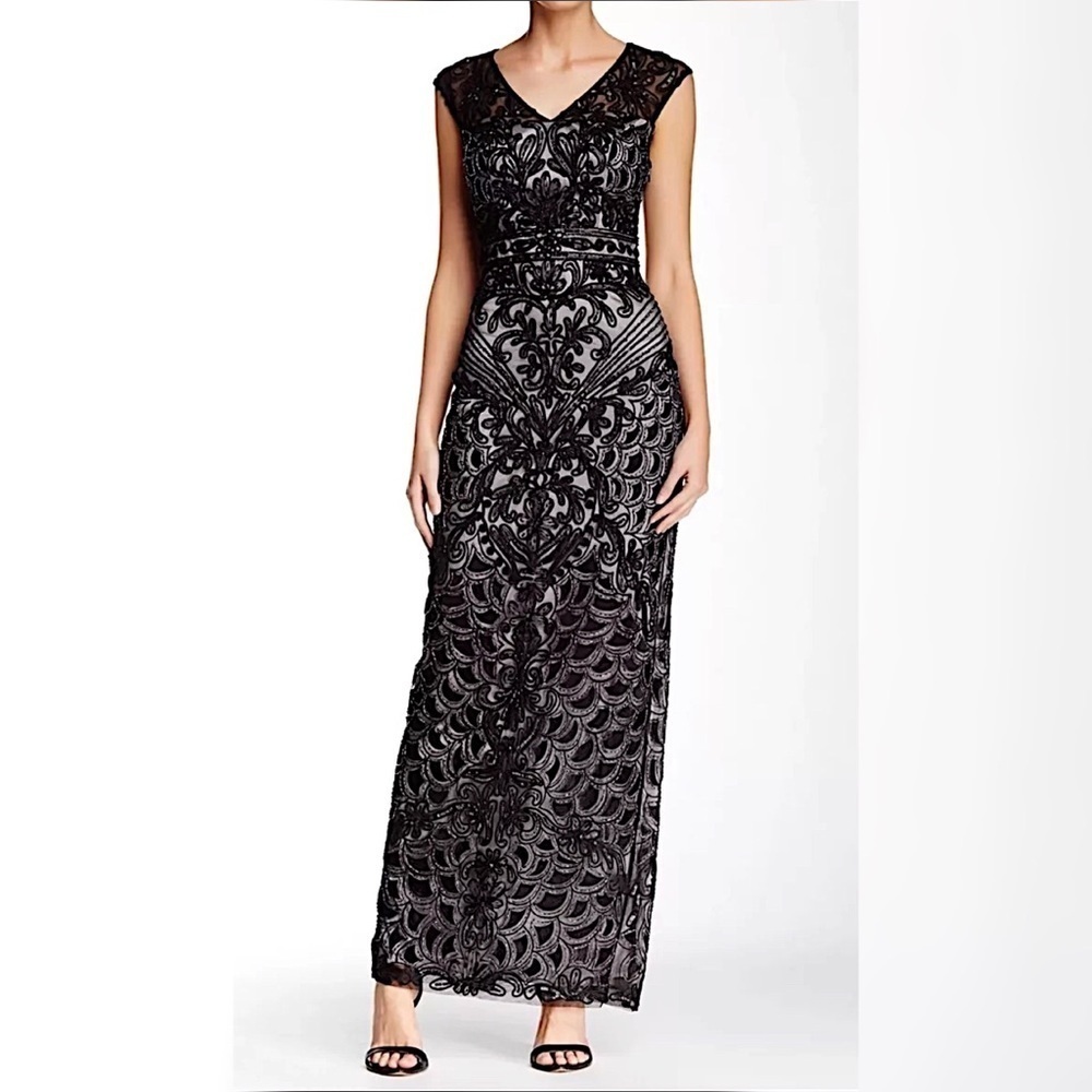 SUE WONG 2 Black Platinum Silver beaded Sequin Embellished Formal gown dress